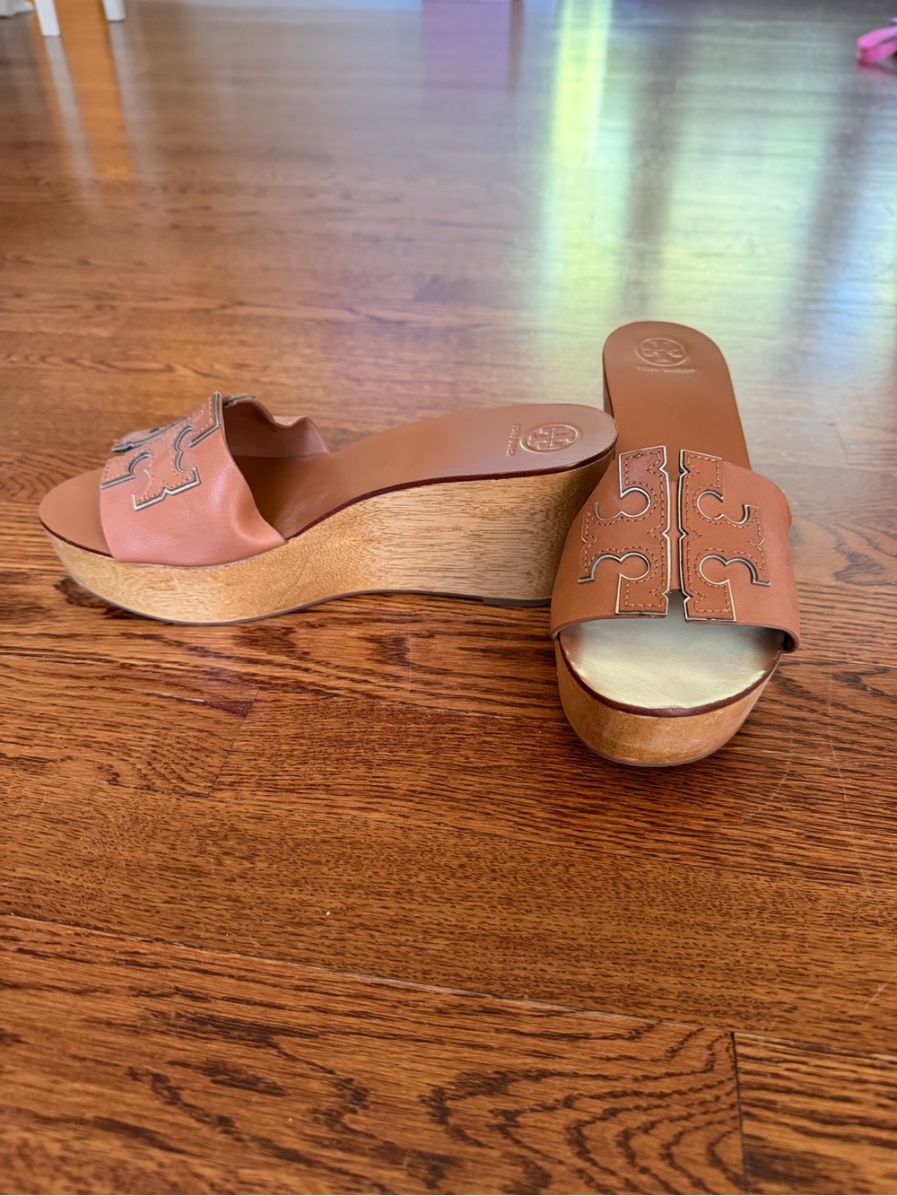 Tory Burch Tan Leather Logo Wedge Slides